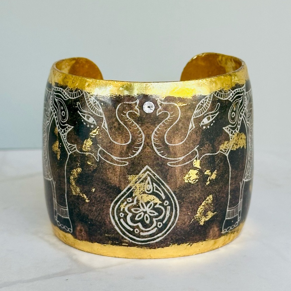 NEW Evocateur Cuff Bracelet Two Indian Elephants 22K Gold Leaf